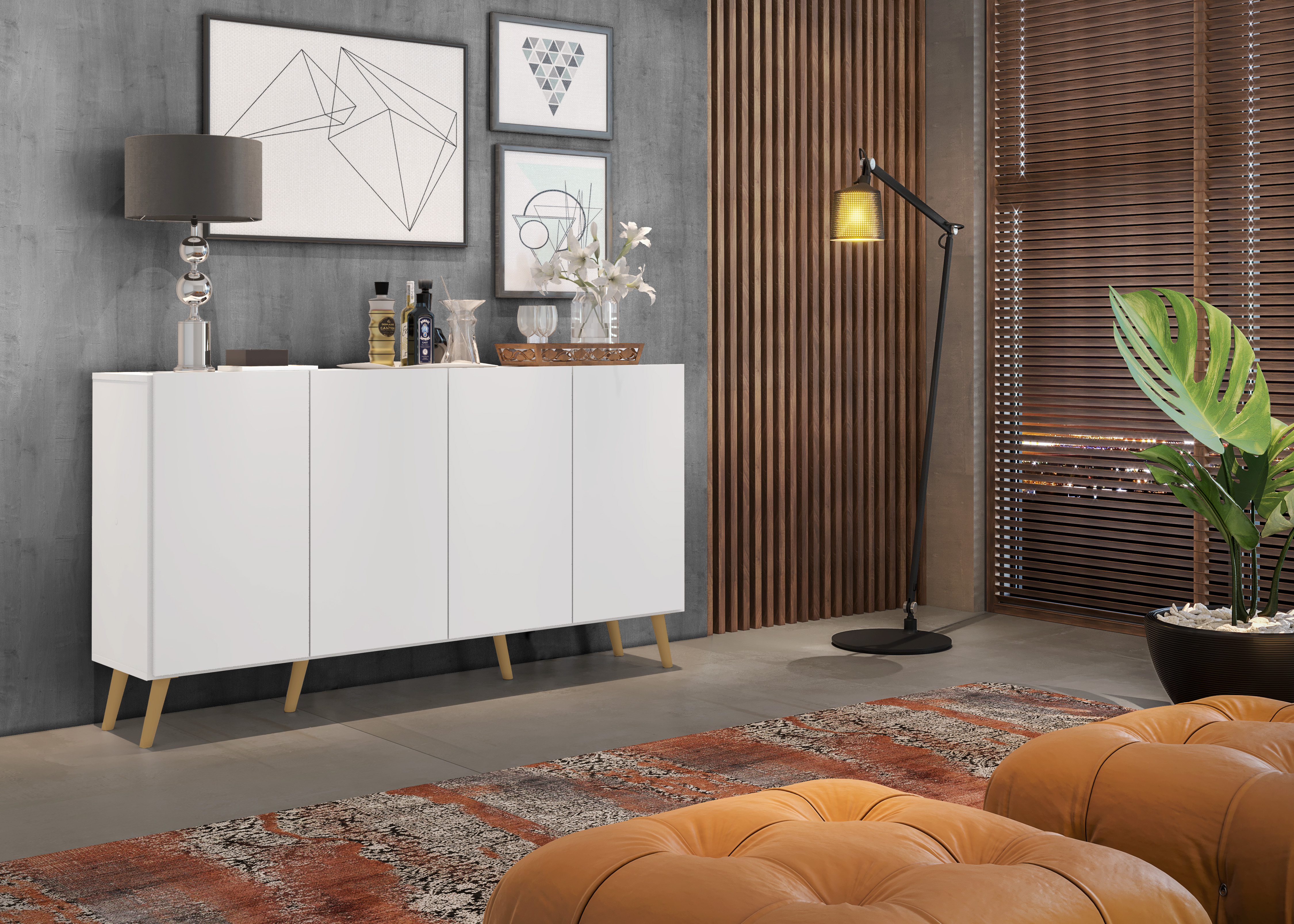 BUFFET 4 PUERTAS BLANCO/ PIES RETRO NATURAL