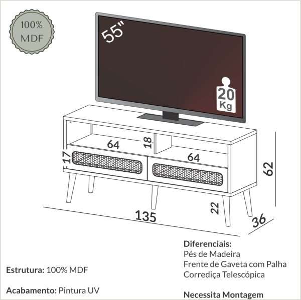RACK TELA 135CM C/ 2 GAVETAS - FREIJO - Imagen 2