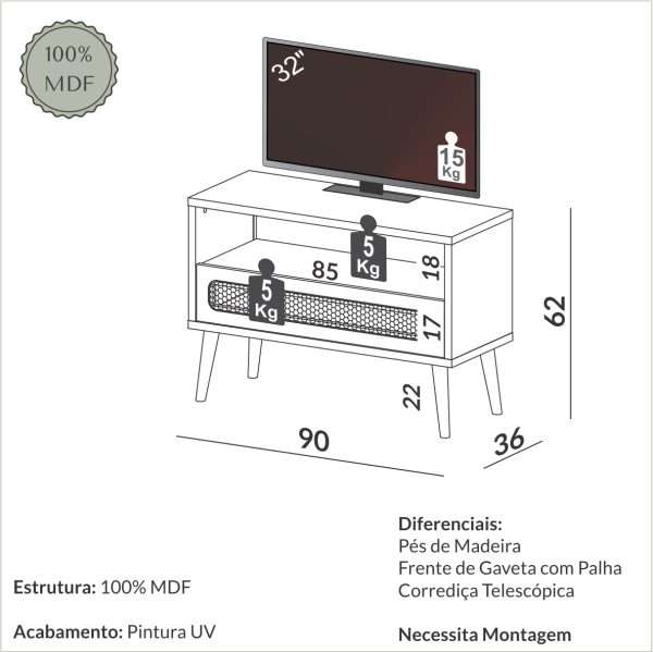 RACK TELA 90CM C/ 1 GAVETA - FREIJO - Imagen 2