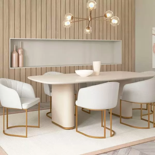 MESA LINTZ 2.2 OFF-WHITE FOSCO/TECIDO BEGE/DOURADO