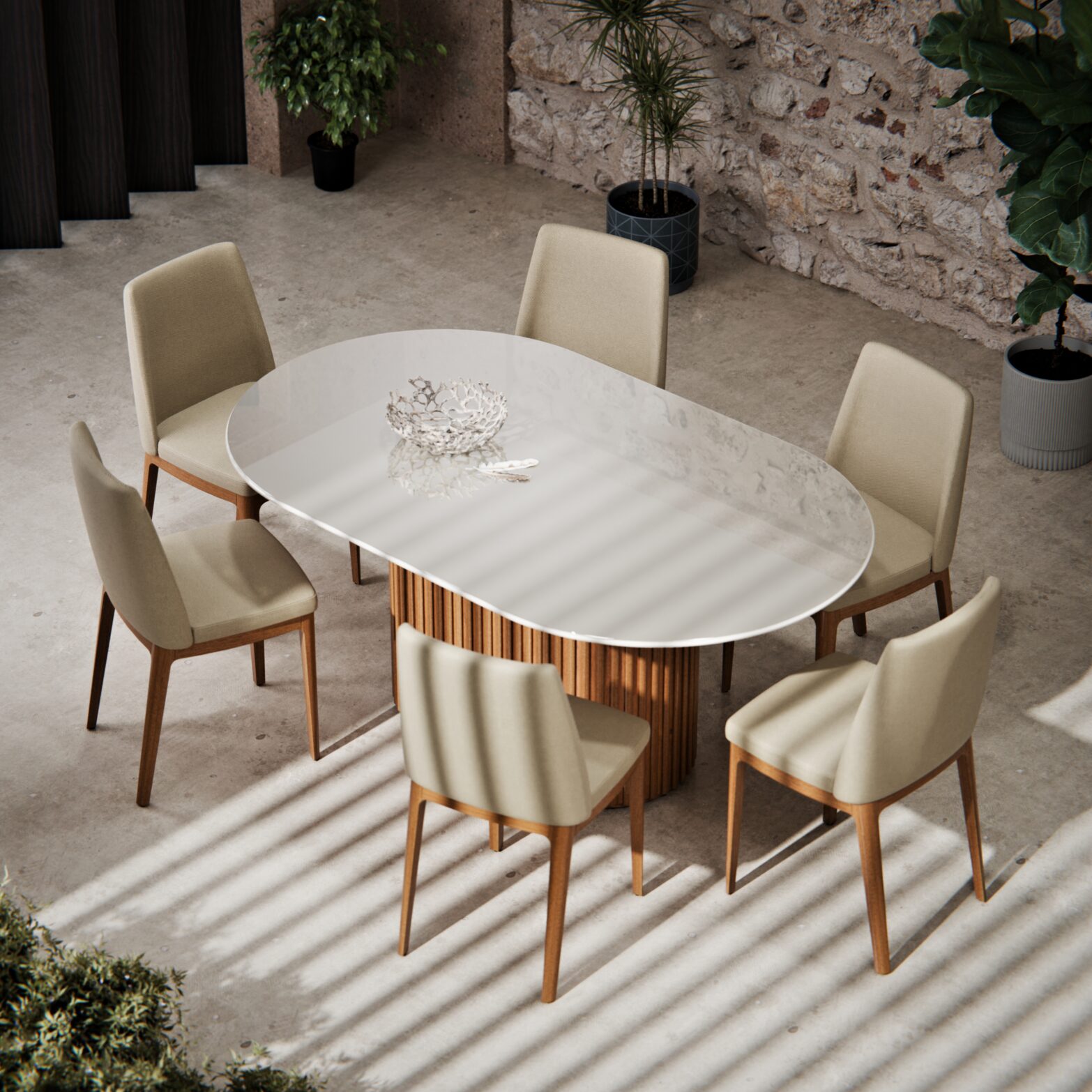 MESA LIVING 1.8 VIDRO OVAL OFF WHITE/ CINAMOMO - Imagen 2
